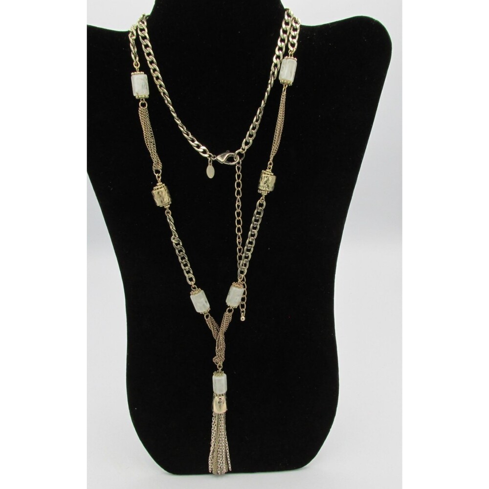 Vintage 1990s Chico's Gold Tone Multi Strand Lucite Bead Tassel Necklace Boho